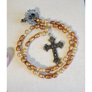 Orange Baroque Pearl Beaded Silver Tone Religious Cross Necklace N1F